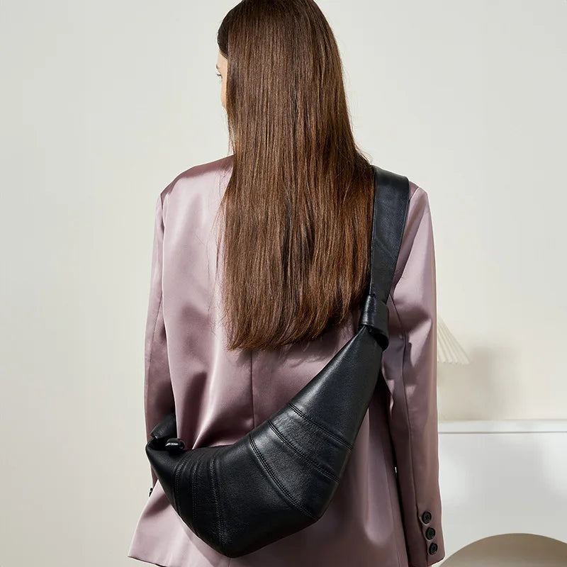 French Style Genuine Sheepskin Croissant Bag Soft Leather Hobo Shoulder Crossbody Bag for Women