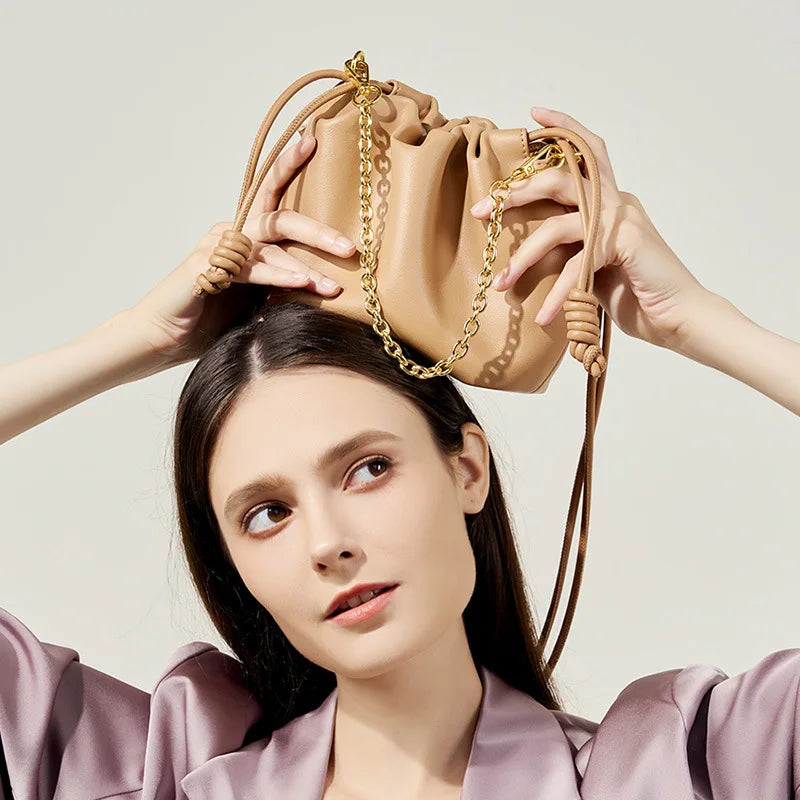 Genuine Leather Crossbody Bag Women's Handbags Cowhide Chain Bucket Bag Lucky Cloud Bag Ladies Soft Mini Handbags