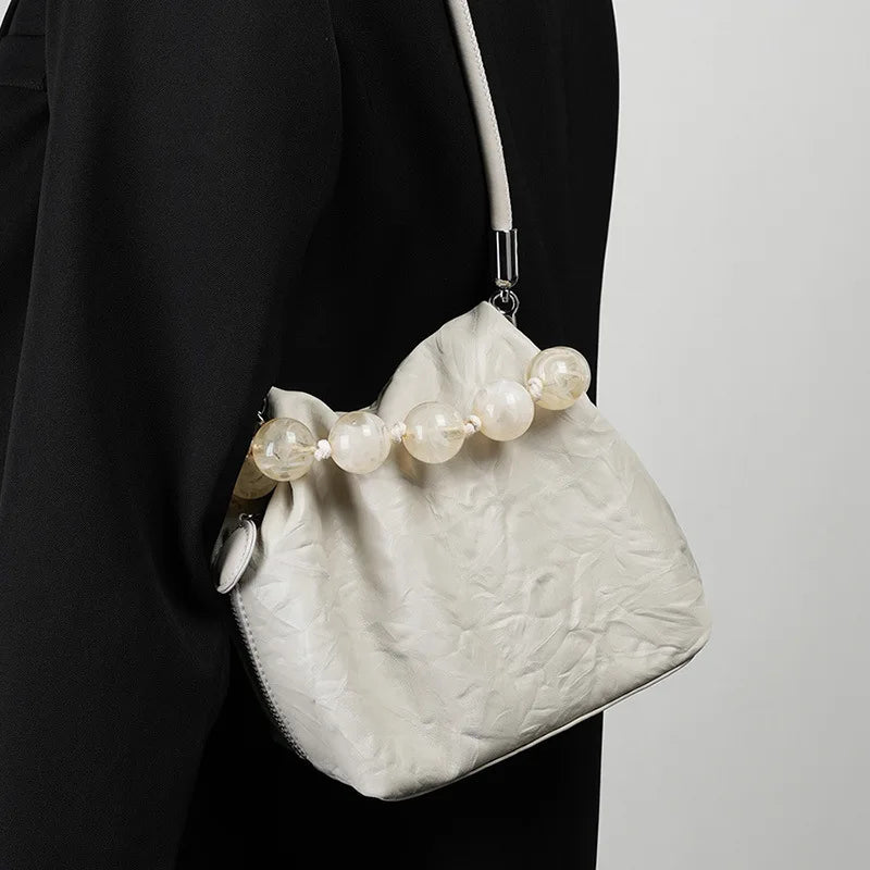 New Chinese Style Beaded Bag Genuine Leather Handbag Textured Box Bag Bead Handle Top Handle Crossbody Bag for Women