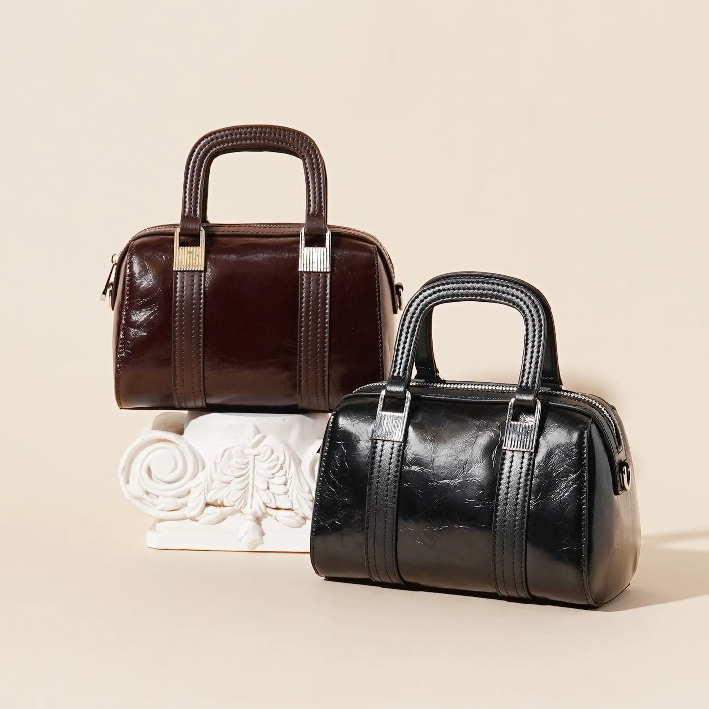 Genuine Leather Boston Bag for Women Top Layer Cowhide Shoulder Crossbody Handbag Simple Waxed Cracked Leather Tote