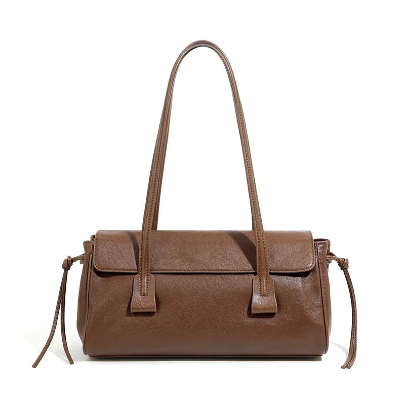 Cowhide Shoulder Bag Women's Genuine Leather Handbag Vegetable Tanned Baguette Ladies Underarm Pillow Bag
