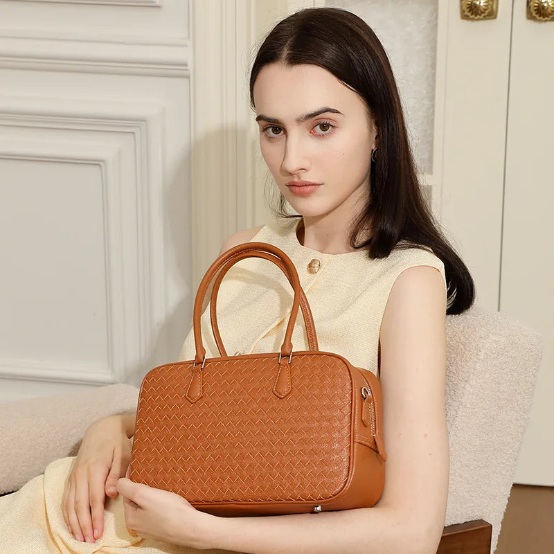 2025 Autumn Women Handmade Genuine Leather Woven Tote Shoulder Crossbody Bag for Work