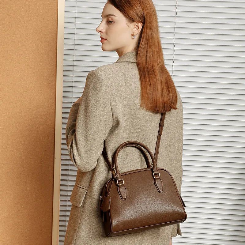 New Genuine Leather Minimalist Boston Bowling Bag Large Capacity Handbag Pillow Bag for Women