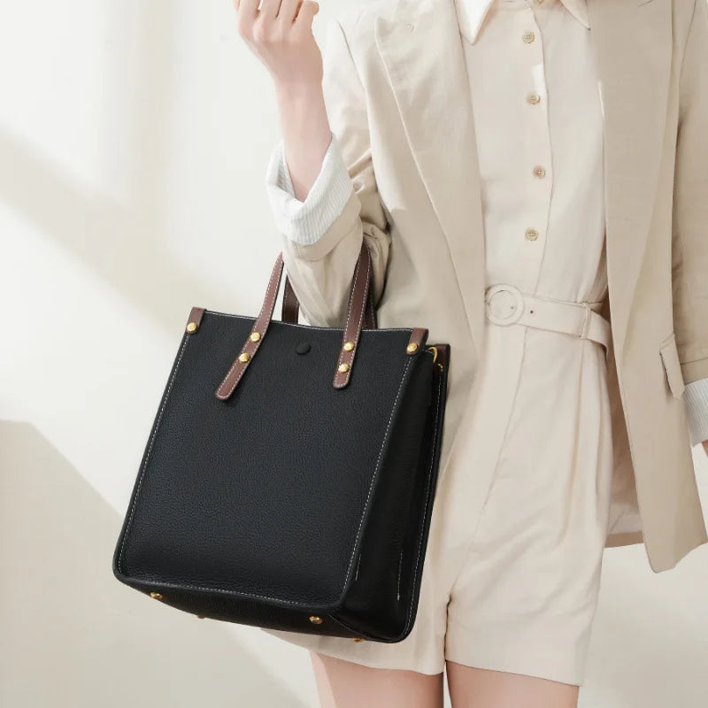Fashion Genuine Leather Vertical Tote Bag Women Soft Leather Shoulder Bag Handbag Commuter Crossbody Briefcase