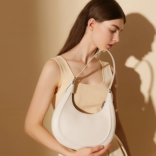 Cowhide Half Moon Bag Ladies Genuine Leather Handbag Underarm Bag 2025 Casual Shoulder Crossbody Bags Double Shoulder Straps