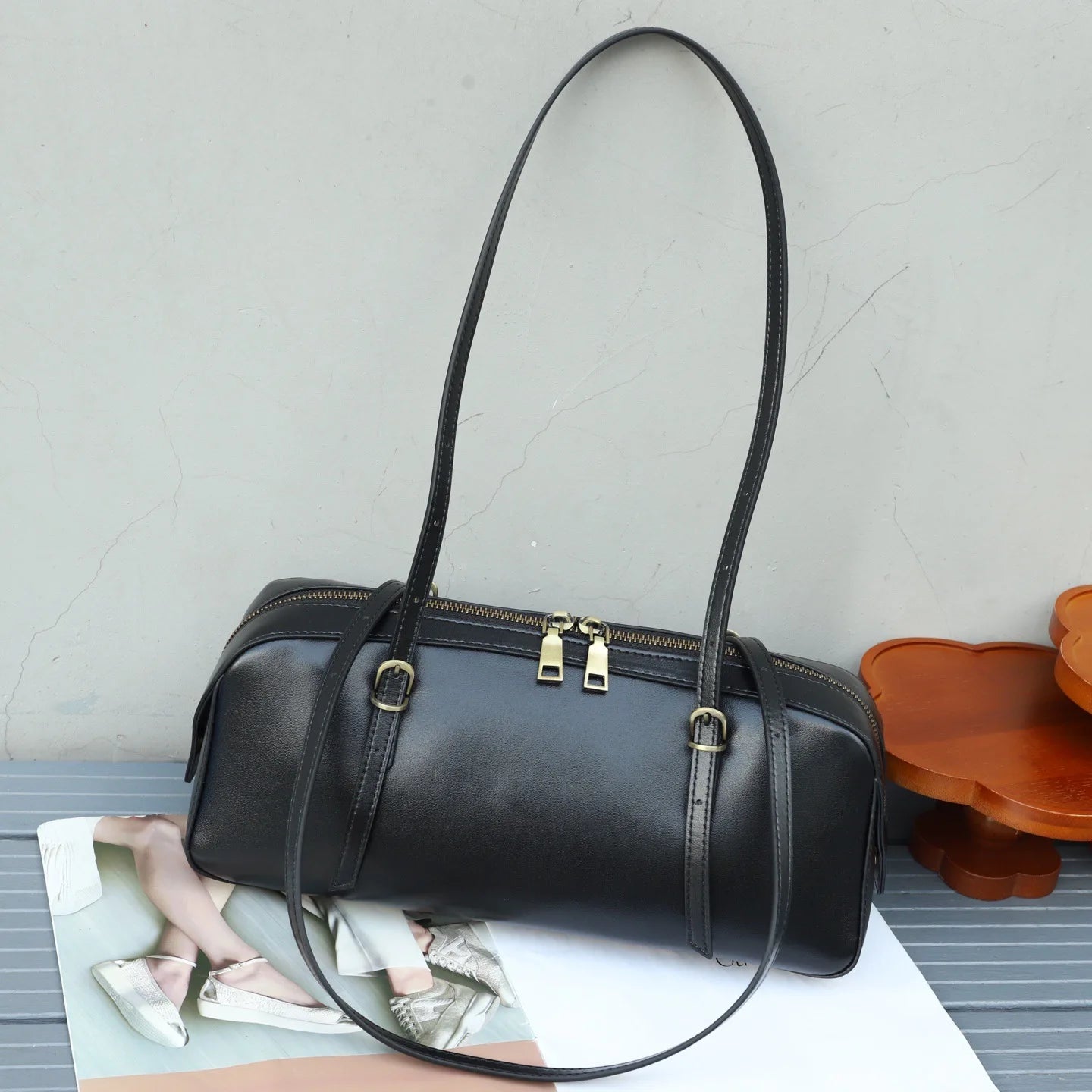 Genuine Leather Women Small Niche Vegetable Tanned Bowling Bag Simple Fashion Shoulder Crossbody Handbag 