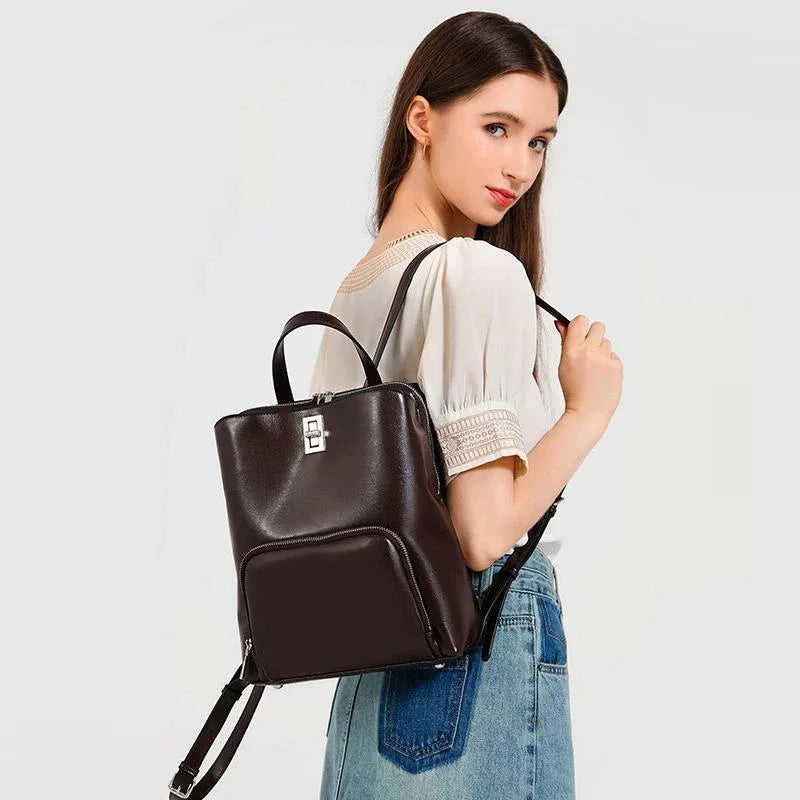 Genuine Leather Large Capacity Travel Tote Bag Fashion Handbag Retro Shoulder Bag Simple Commuter Backpack