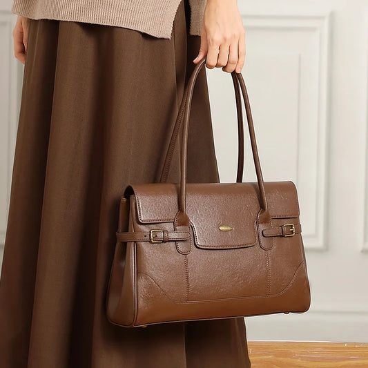 Minimal Top Layer Leather Large Capacity Tote Bag 2025 Vintage Work Handbag Shoulder Underarm Bag