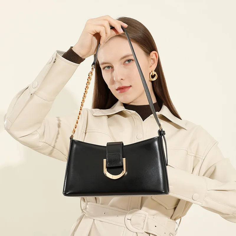 Spring Fashion Cowhide Shoulder Bag for Women 2025 New Elegant Underarm Baguette Crossbody Handbag for Daily Use