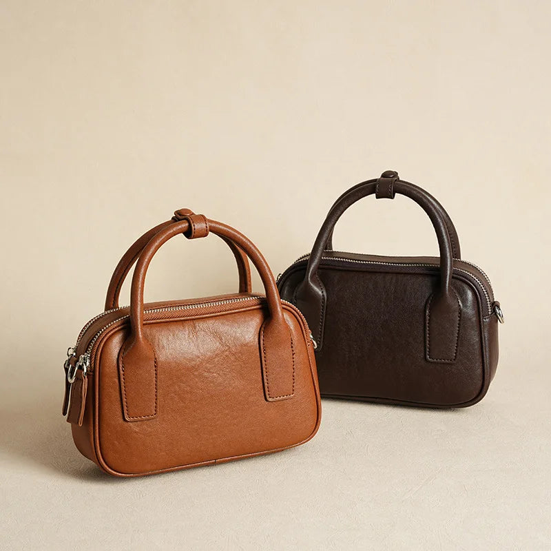 Bowling Style Leather Handbag Women Shoulder Bag Elegant Crossbody Bag Office Daily Use Tote