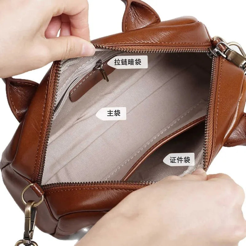 Genuine Leather Top Grain Cowhide Pillow Handbag Women Shoulder Crossbody Boston Bag New Trendy Versatile