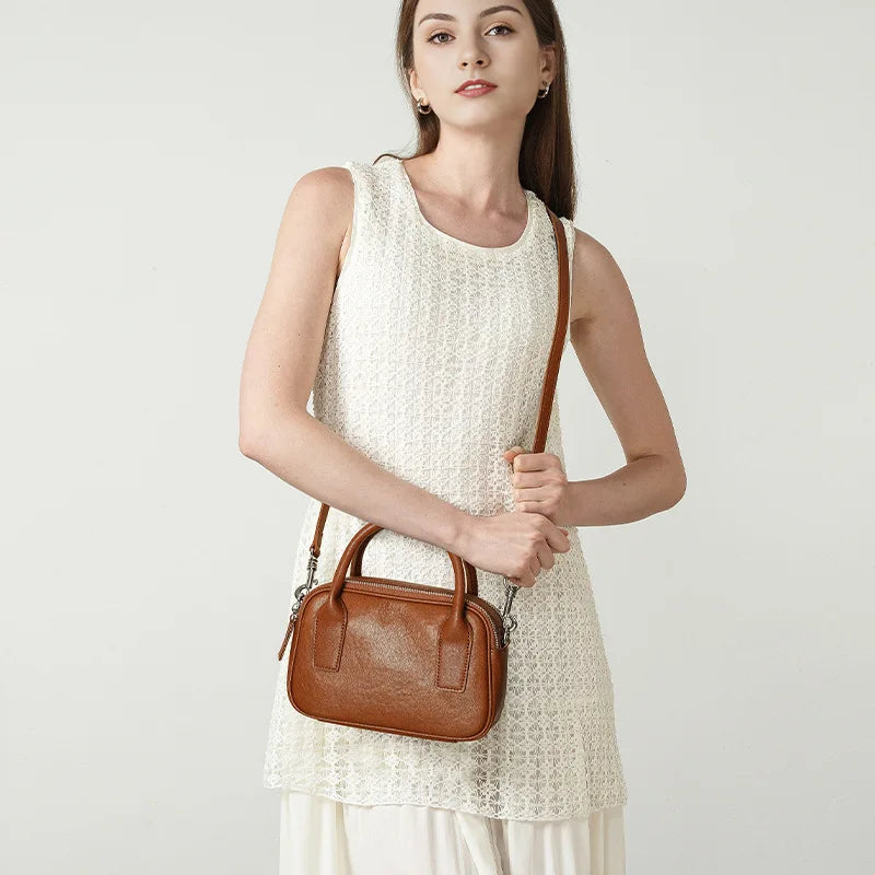 Bowling Style Leather Handbag Women Shoulder Bag Elegant Crossbody Bag Office Daily Use Tote