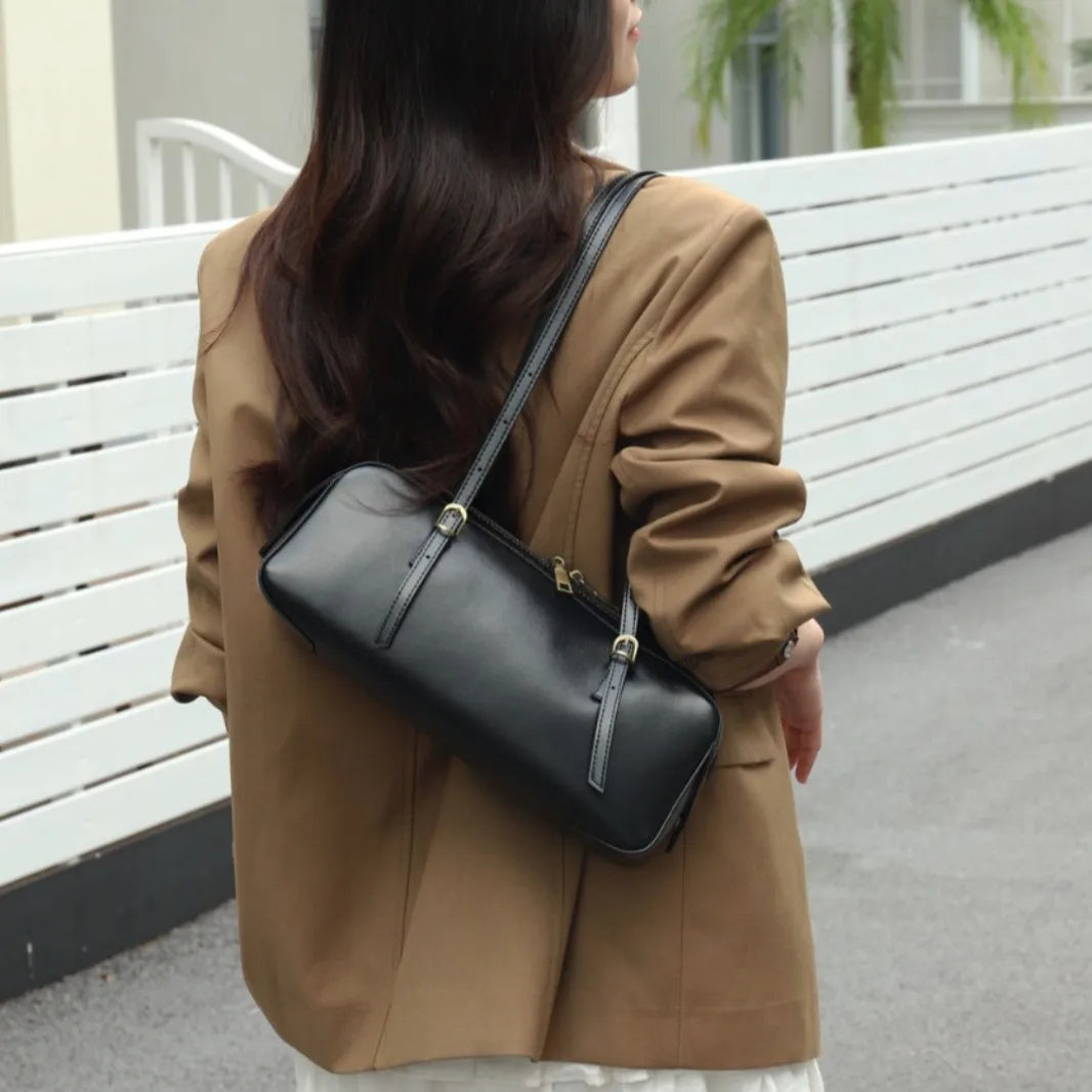 Genuine Leather Women Small Niche Vegetable Tanned Bowling Bag Simple Fashion Shoulder Crossbody Handbag 