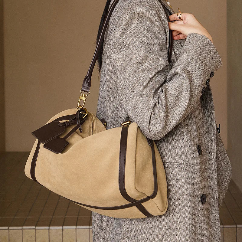 Matte Cowhide Bowling Bag Large Capacity Commuter Versatile Boston Shoulder Crossbody Suede Tote Bag for Women