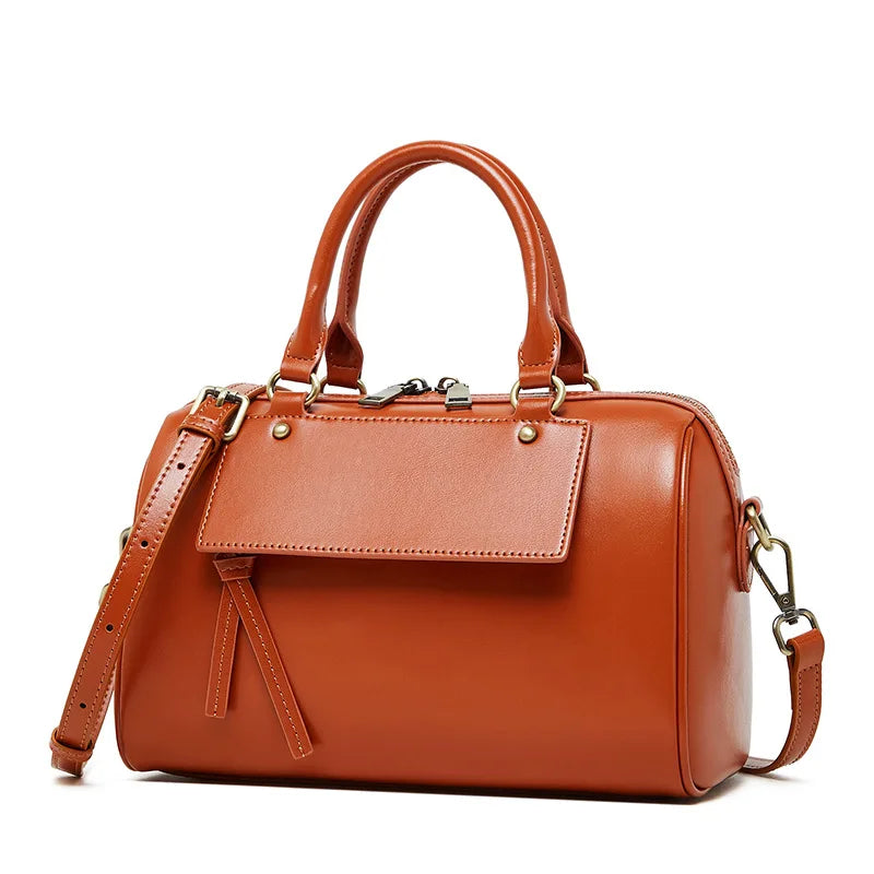 Winter New Leather Boston Pillow Bag Fashion Casual Handbag Cowhide Shoulder Crossbody Bag for Women