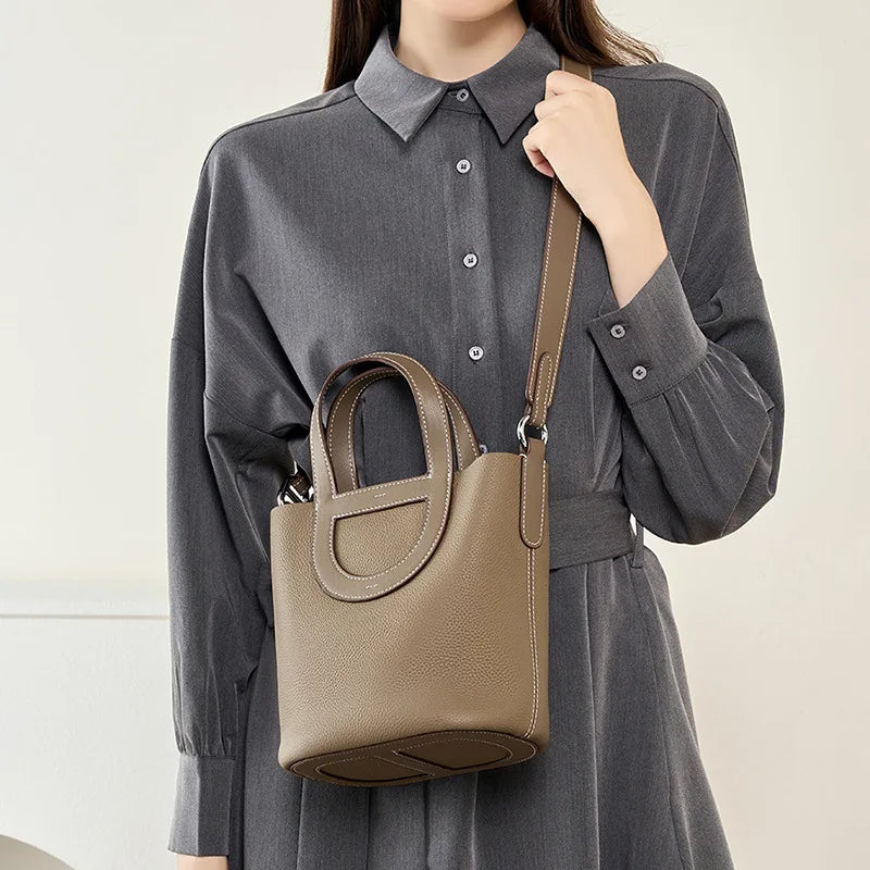 2025 New Genuine Leather Bucket Bag Women Tote Shoulder Crossbody Handbag Fashion Togo Cowhide Purse