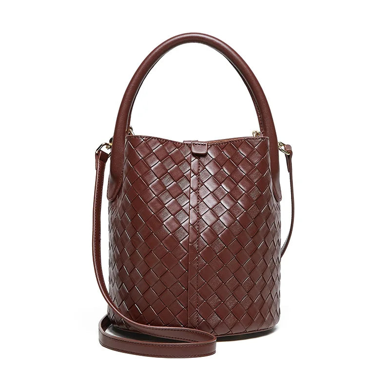 Women Genuine Leather Handbag 2025 New Woven Bucket Bag Shoulder Crossbody Tote Elegant Fashion Purse