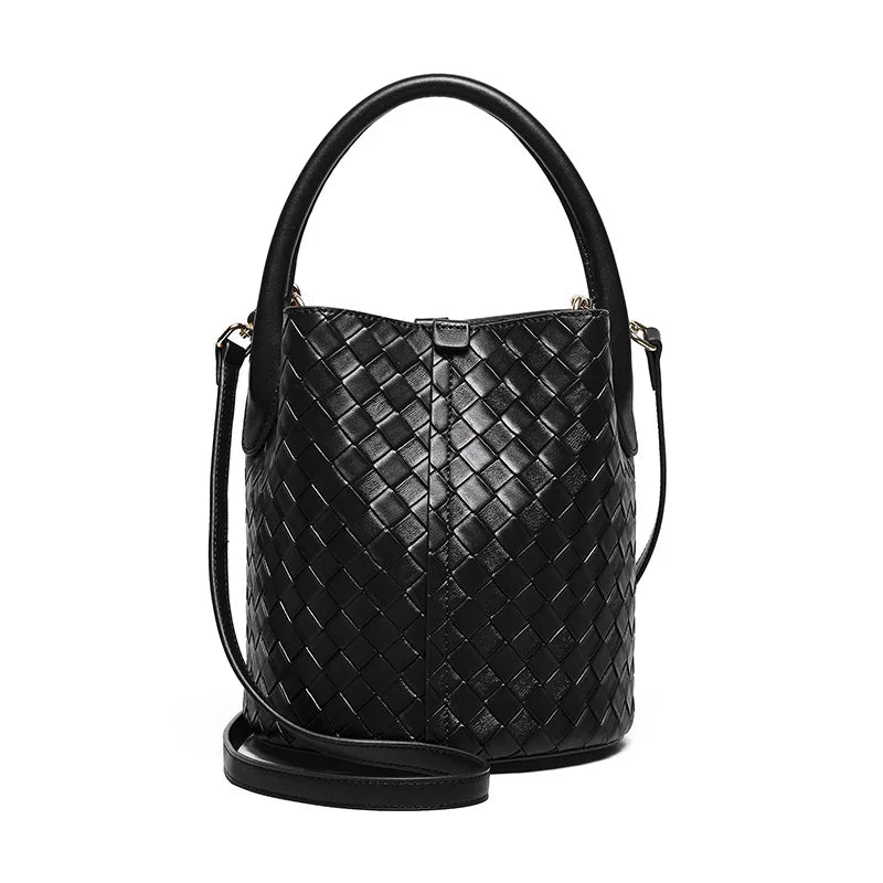 Women Genuine Leather Handbag 2025 New Woven Bucket Bag Shoulder Crossbody Tote Elegant Fashion Purse