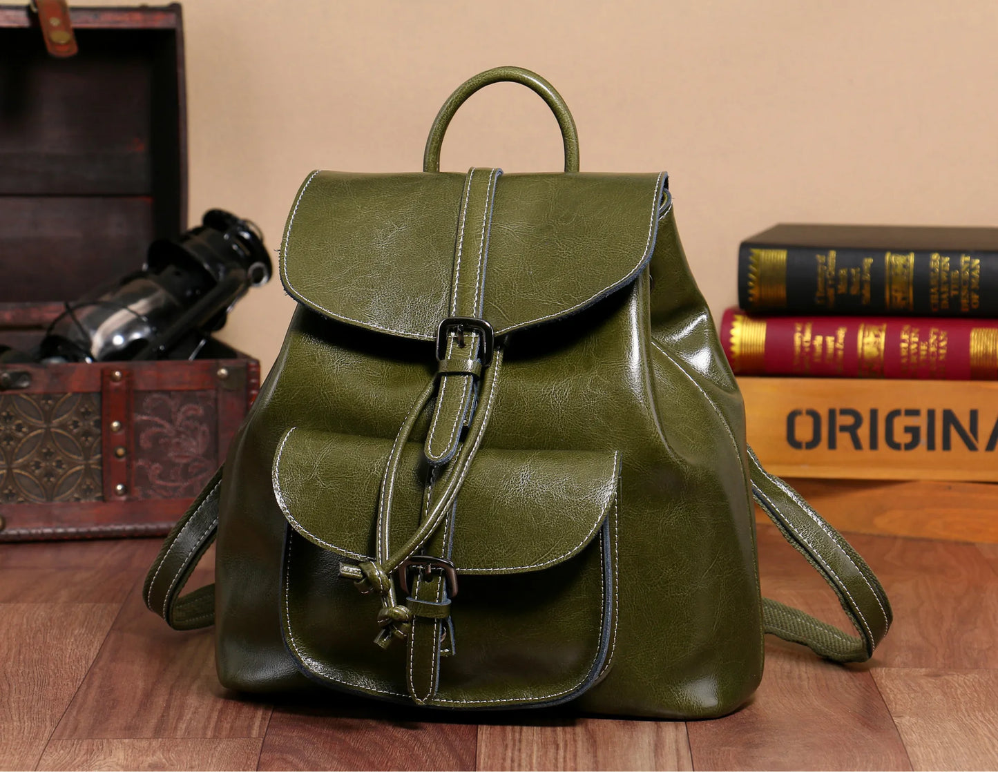 2025 New Street Style Genuine Leather Solid Color Backpack for Women with Stitching Design