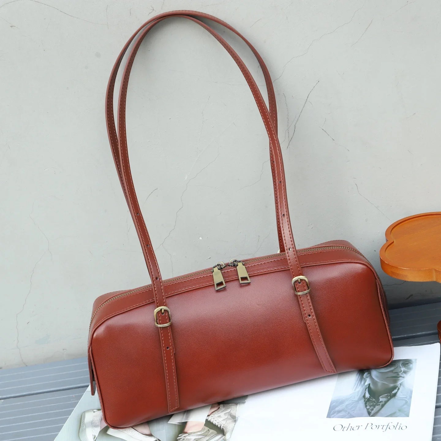 Genuine Leather Women Small Niche Vegetable Tanned Bowling Bag Simple Fashion Shoulder Crossbody Handbag 