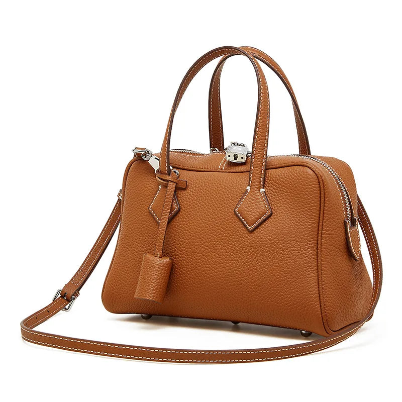Luxury Genuine Leather Boston Pillow Bag Elegant Crossbody Shoulder Handbag for Women 