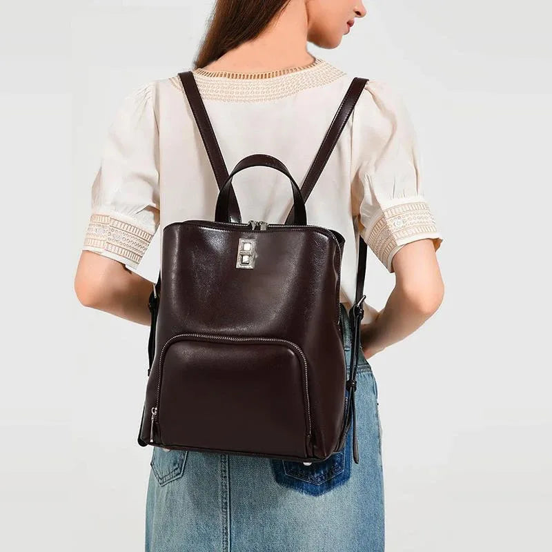 Genuine Leather Large Capacity Travel Tote Bag Fashion Handbag Retro Shoulder Bag Simple Commuter Backpack