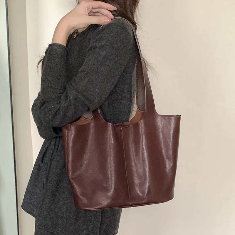 Vintage Leather Tote Bag 2025 New Soft Cowhide Shoulder Bag Casual Work Hobo Handbag for Women