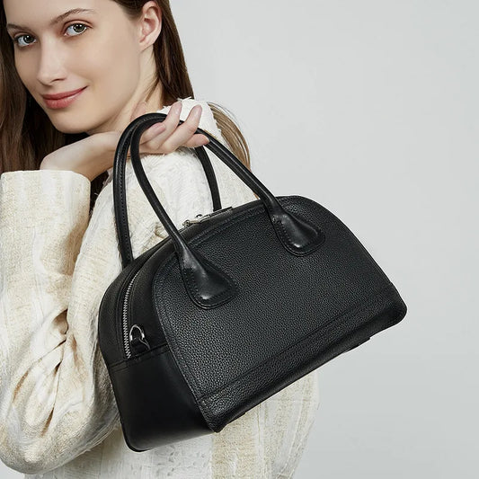 Genuine Leather Bowling Bag for Women 2025 Summer New Simple Shoulder Bag Casual Commuter Handbag Crossbody Bag