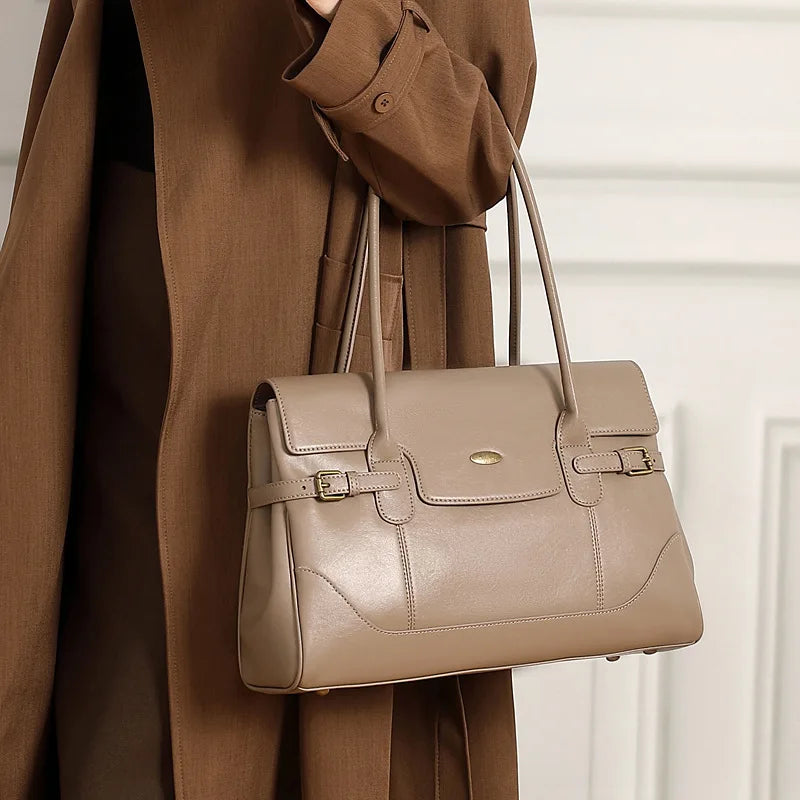 Minimal Top Layer Leather Large Capacity Tote Bag 2025 Vintage Work Handbag Shoulder Underarm Bag