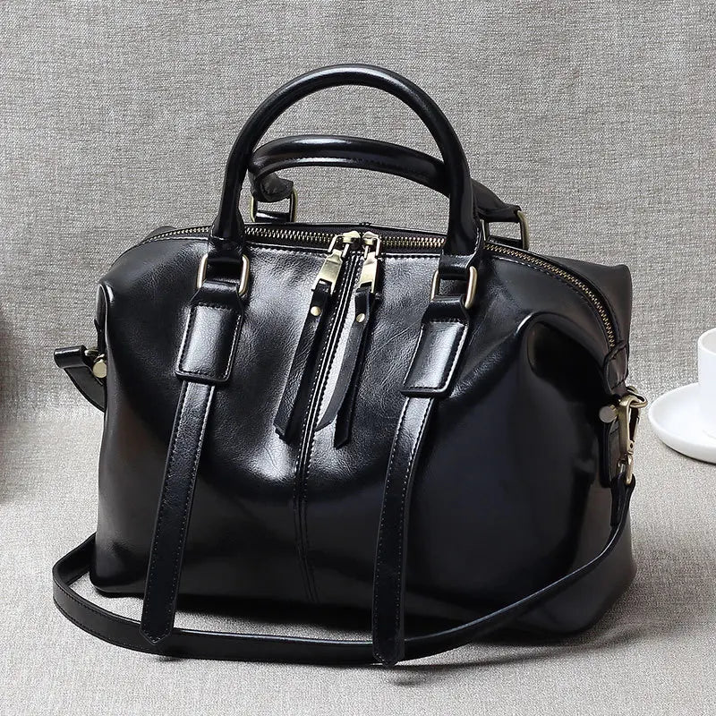 2025 Retro Leather Handbag Women Boston Bag Genuine Leather Shoulder Crossbody Large Tote Bag