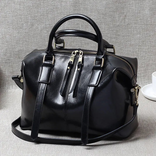 2025 Retro Leather Handbag Women Boston Bag Genuine Leather Shoulder Crossbody Large Tote Bag