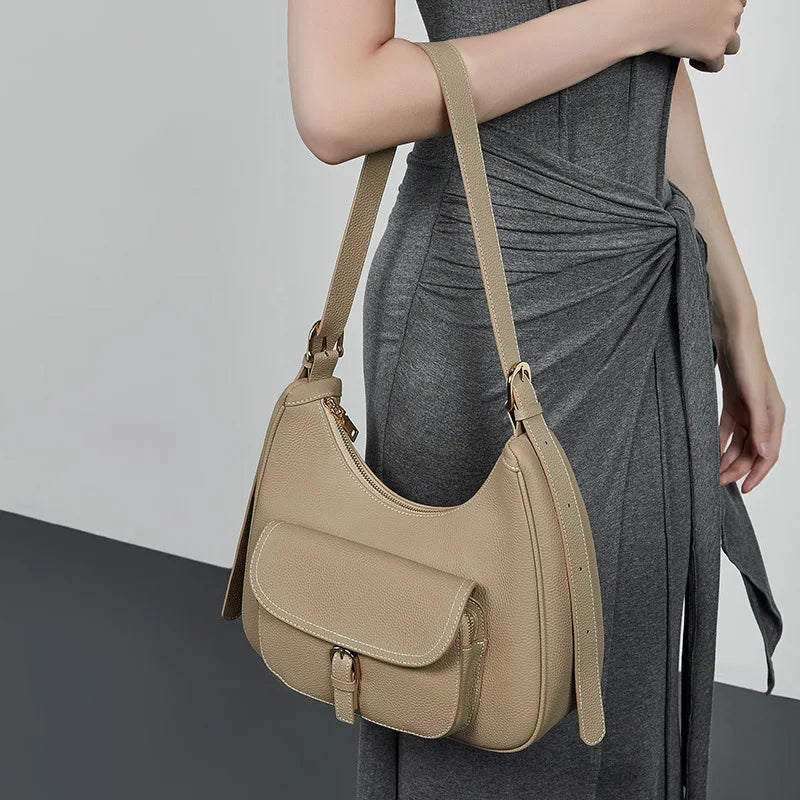 Genuine Leather Shoulder Tote Bag for Women Large Capacity Underarm Saddle Bag Office Commuter Handbag