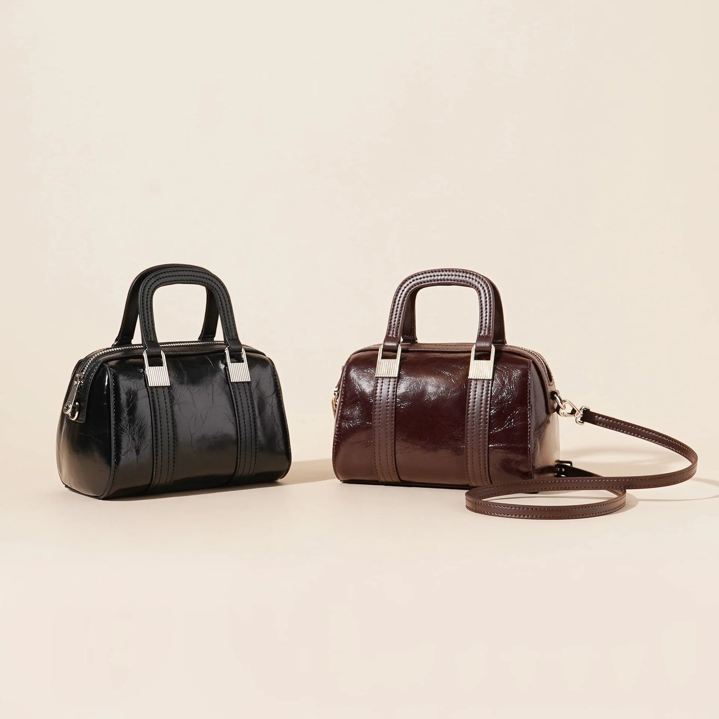 Genuine Leather Boston Bag for Women Top Layer Cowhide Shoulder Crossbody Handbag Simple Waxed Cracked Leather Tote