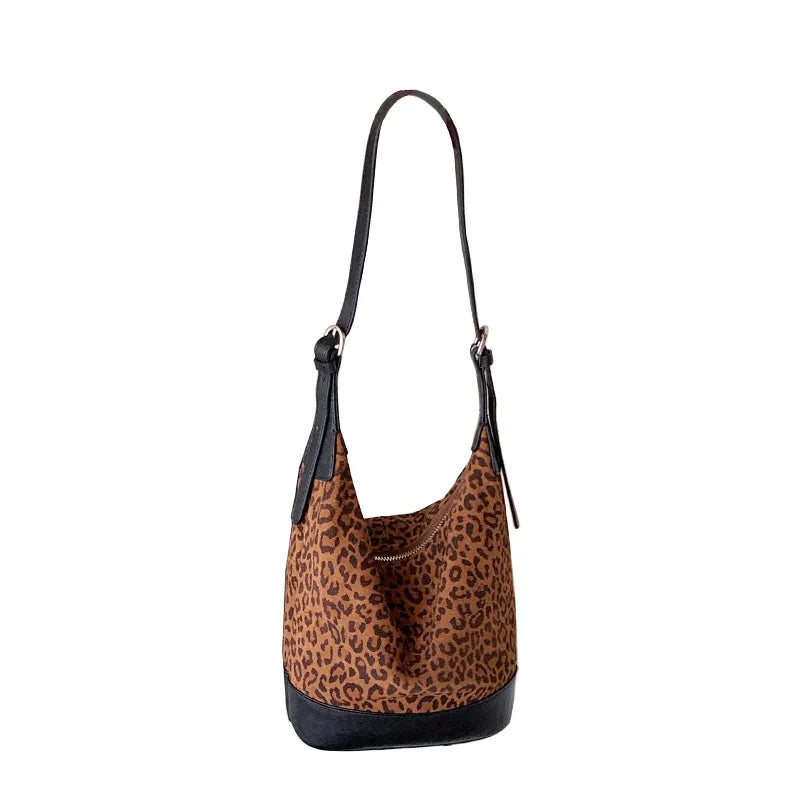 Wild Leopard Print Leather Bucket Bag 2025 New Suede Retro Genuine Leather Small Crossbody Bag for Women