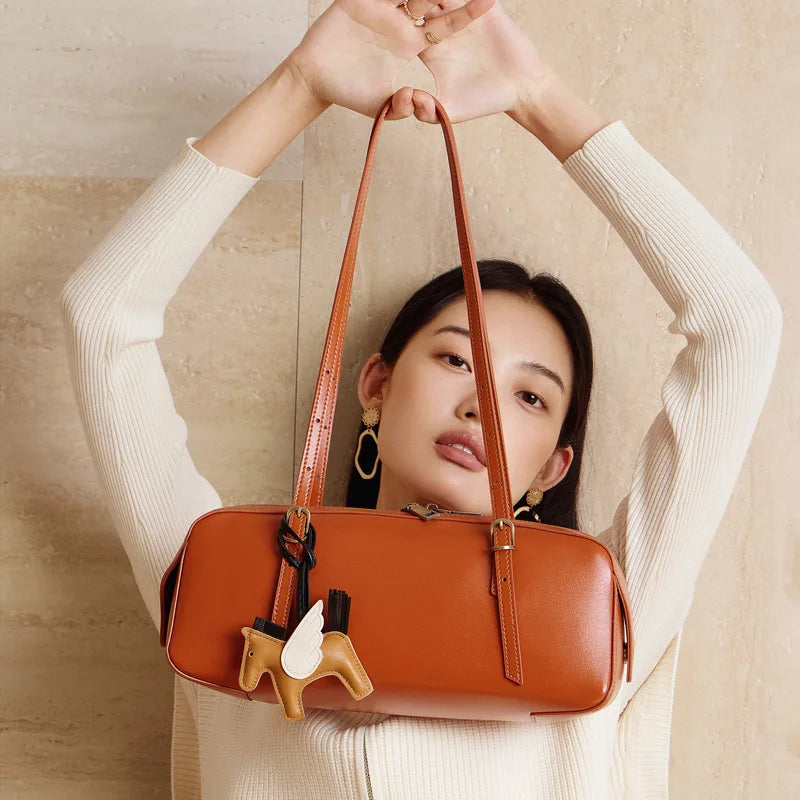 Genuine Leather Women Handbag Retro Bowling Bag Small Unique Vegetable Tanned Top Layer Cowhide Tote Bag