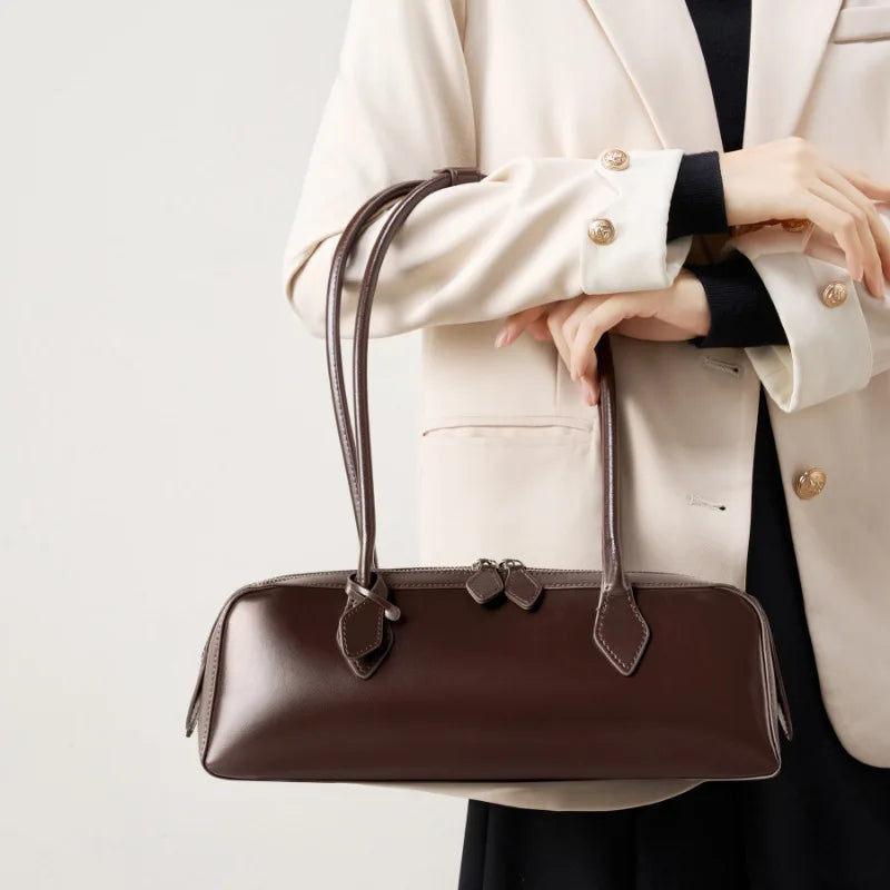 2025 New Korean Style Women's Shoulder Bag Large Capacity Genuine Leather Red Baguette Bag Crossbody for Women