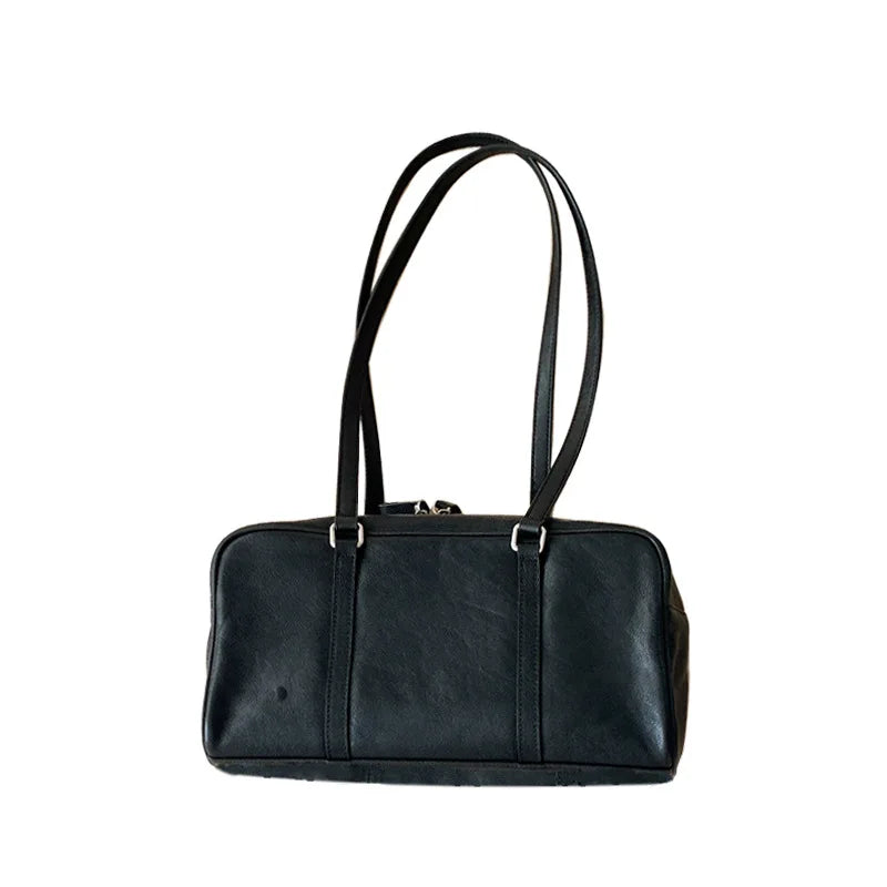 2025 New Leather Boston Bag Women Large Capacity Bowling Shoulder Handbag Minimalist Style