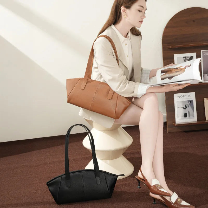 Genuine Leather Tote Bag for Women 2025 Fashion Simple Niche Pleated Wing Bag Large Capacity Commuter Handbag