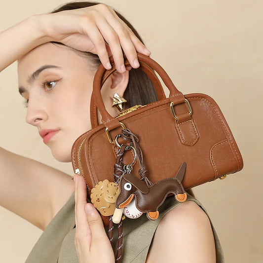 Cowhide Bowling Bag Women's Handbag Genuine Leather Boston Bag Shoulder Crossbody Bag Ladies Purses and Handbags