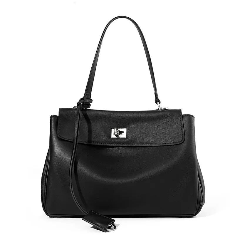 2025 New Large Capacity Smooth Calf Leather Shoulder Handbag with Lock Commuter Underarm Tote Bag