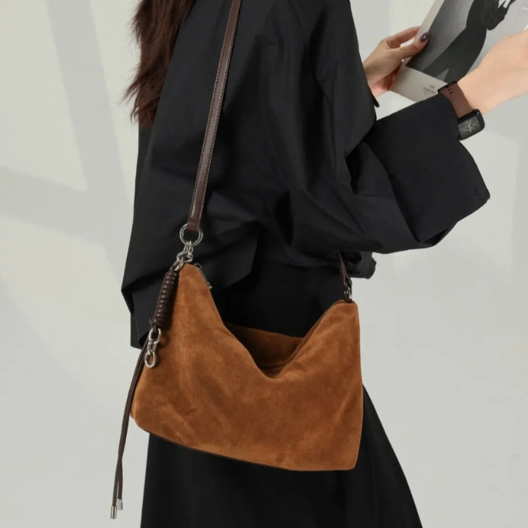 Genuine Leather Underarm Bag for Women 2025 Autumn Soft Suede Cowhide Shoulder Handbag Large Capacity Crossbody Bag