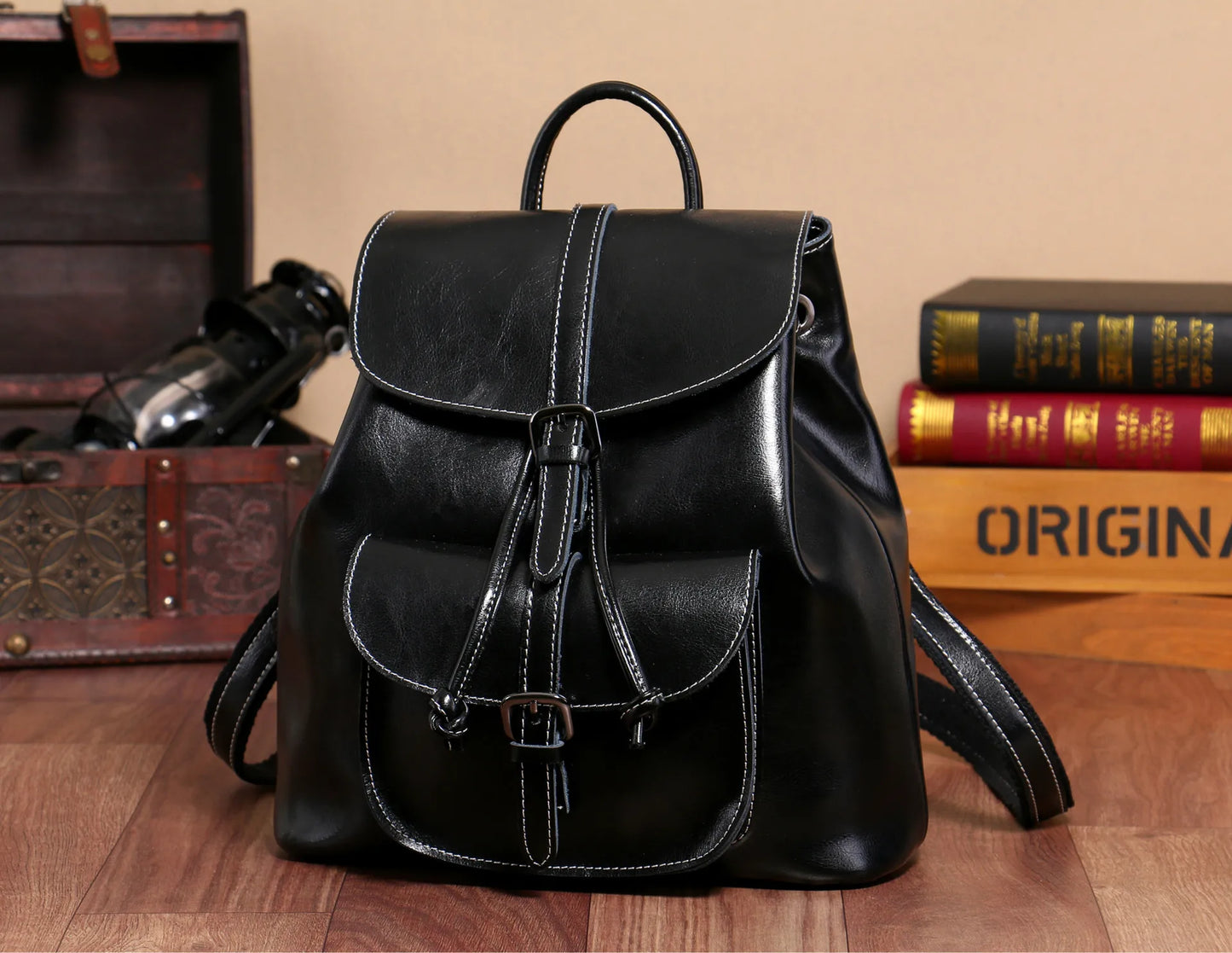 2025 New Street Style Genuine Leather Solid Color Backpack for Women with Stitching Design