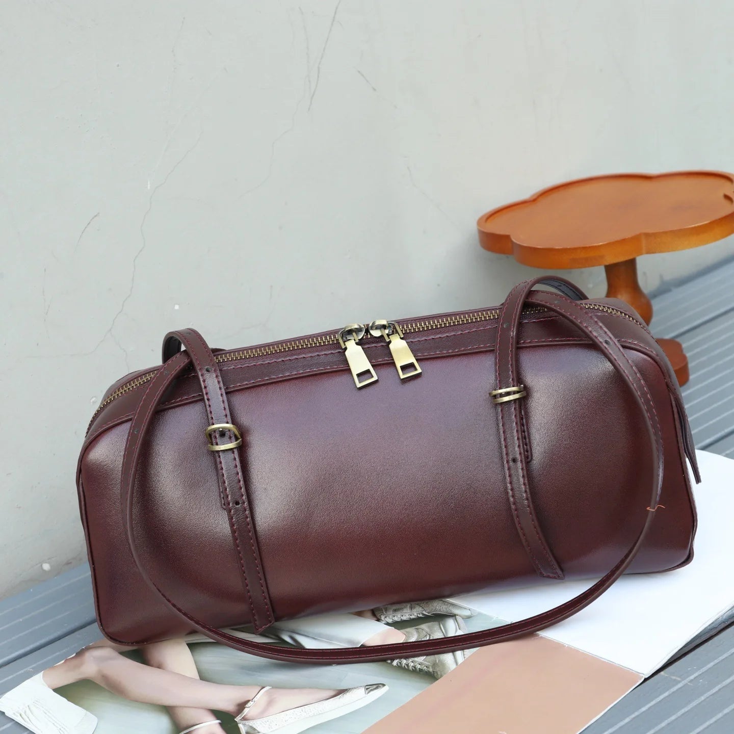 Genuine Leather Women Small Niche Vegetable Tanned Bowling Bag Simple Fashion Shoulder Crossbody Handbag 