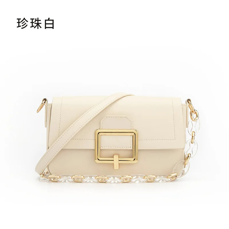 2025 New Spring Summer French Style Niche Design Genuine Leather Shoulder Crossbody Small Square Chain Underarm Bag