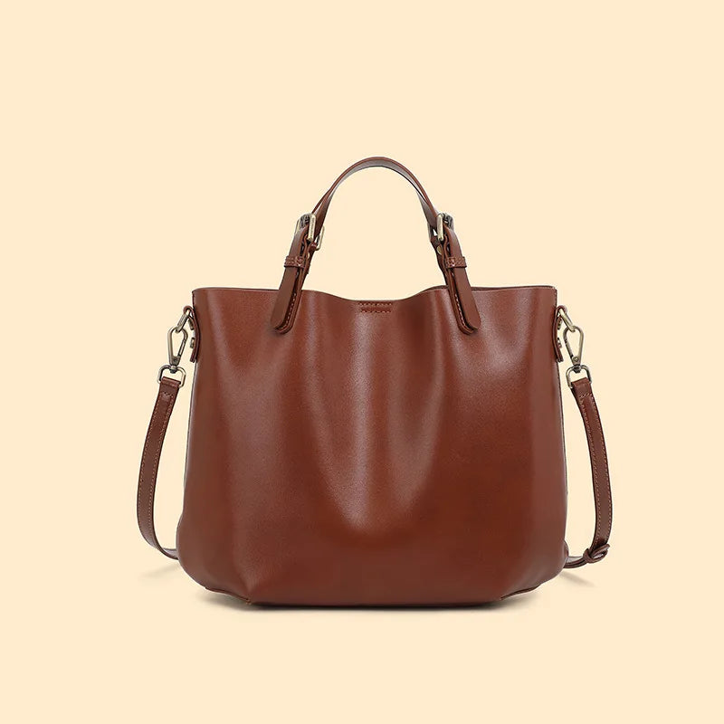 Genuine Leather Large Capacity Tote Bag Simple Commuter Shoulder Crossbody Handbag for Women