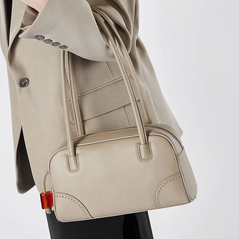 Women Vintage Genuine Leather Handbag Large Capacity Shoulder Underarm Tote Bowling Bag for Daily Use