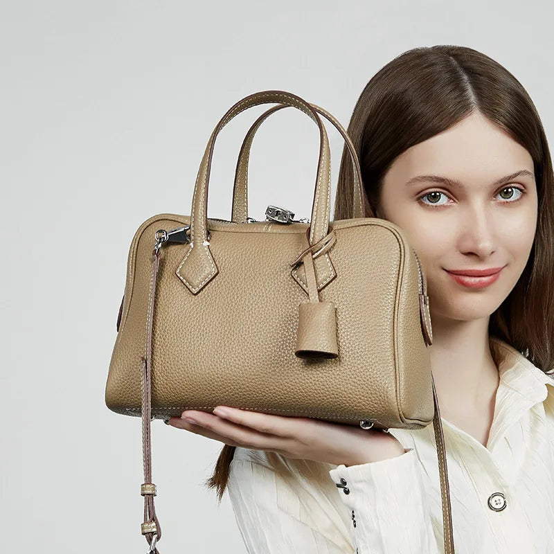 Luxury Genuine Leather Boston Pillow Bag Elegant Crossbody Shoulder Handbag for Women 