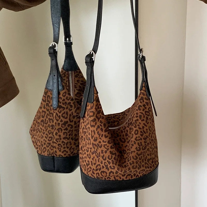 Wild Leopard Print Leather Bucket Bag 2025 New Suede Retro Genuine Leather Small Crossbody Bag for Women