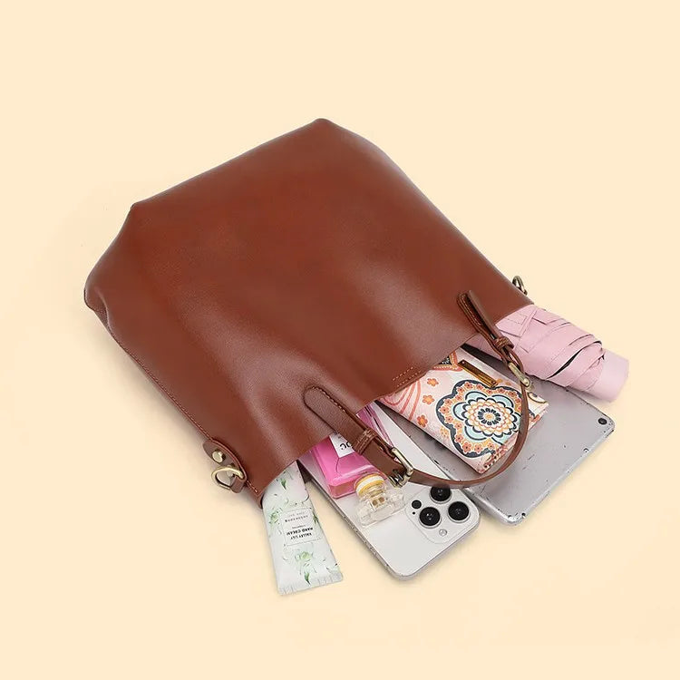 Genuine Leather Large Capacity Tote Bag Simple Commuter Shoulder Crossbody Handbag for Women
