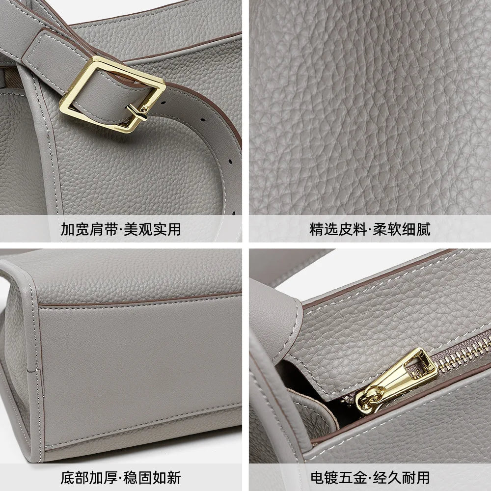 Simple Versatile Genuine Leather Women Handbag 2025 New First Layer Cowhide Tote Large Capacity Lychee Grain Shoulder Bag